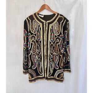 Laurence Kazar Vintage Silk Evening Tunic LARGE Beaded Sequined Glam EUC *READ